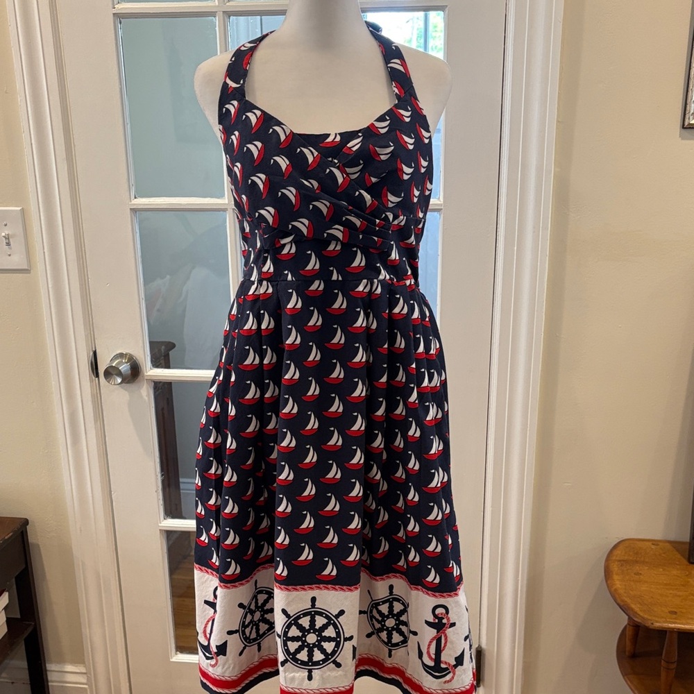 Anthropologie Navy Red White Nautical Sailboat Halter Dress